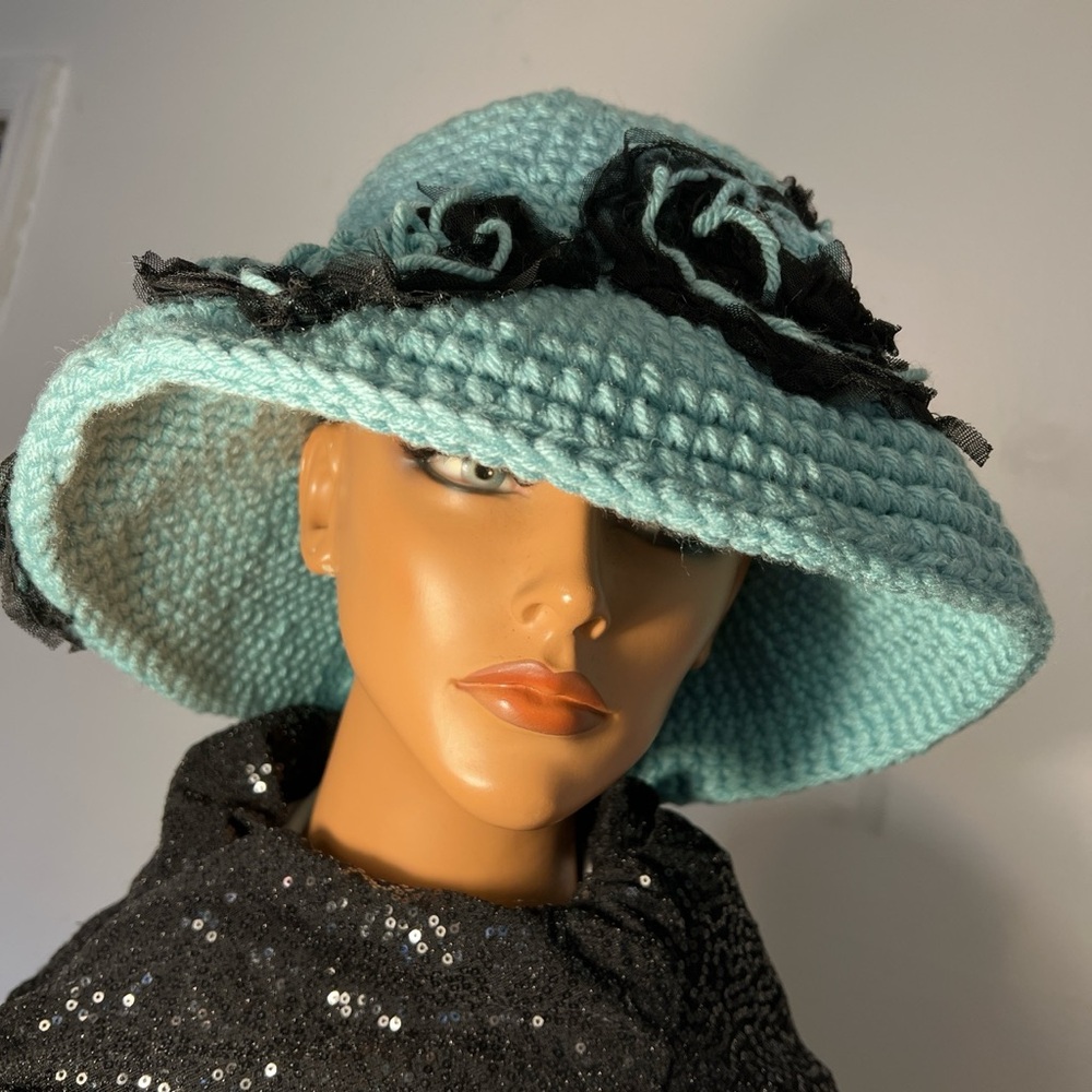 Elegant Blue Crochet Hat with Black Accents